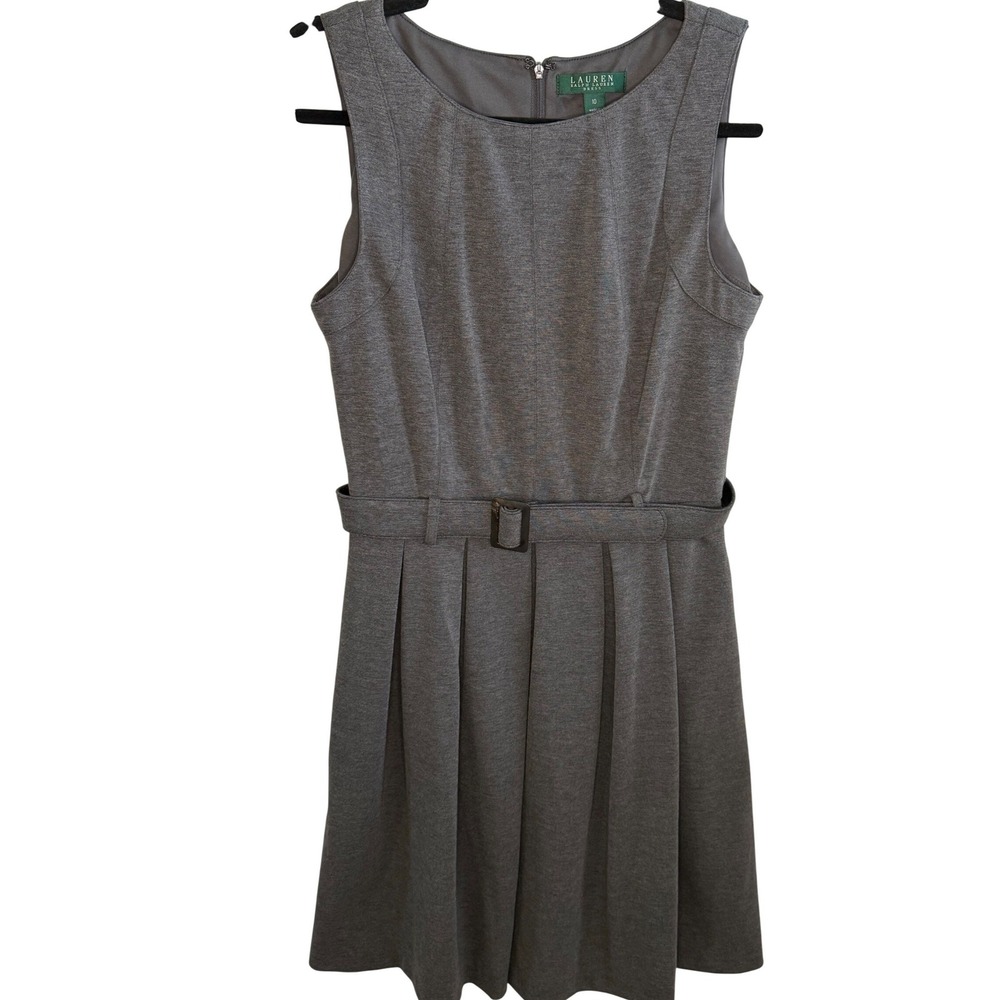 Lauren Ralph Lauren Gray‎ Belted Pleated Fit & Flare Dress Women's 10 Sleeveless